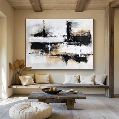 “Monochrome Textured Abstract” - Black, White, Beige with Layered Textures - Painting On Canvas HB1370