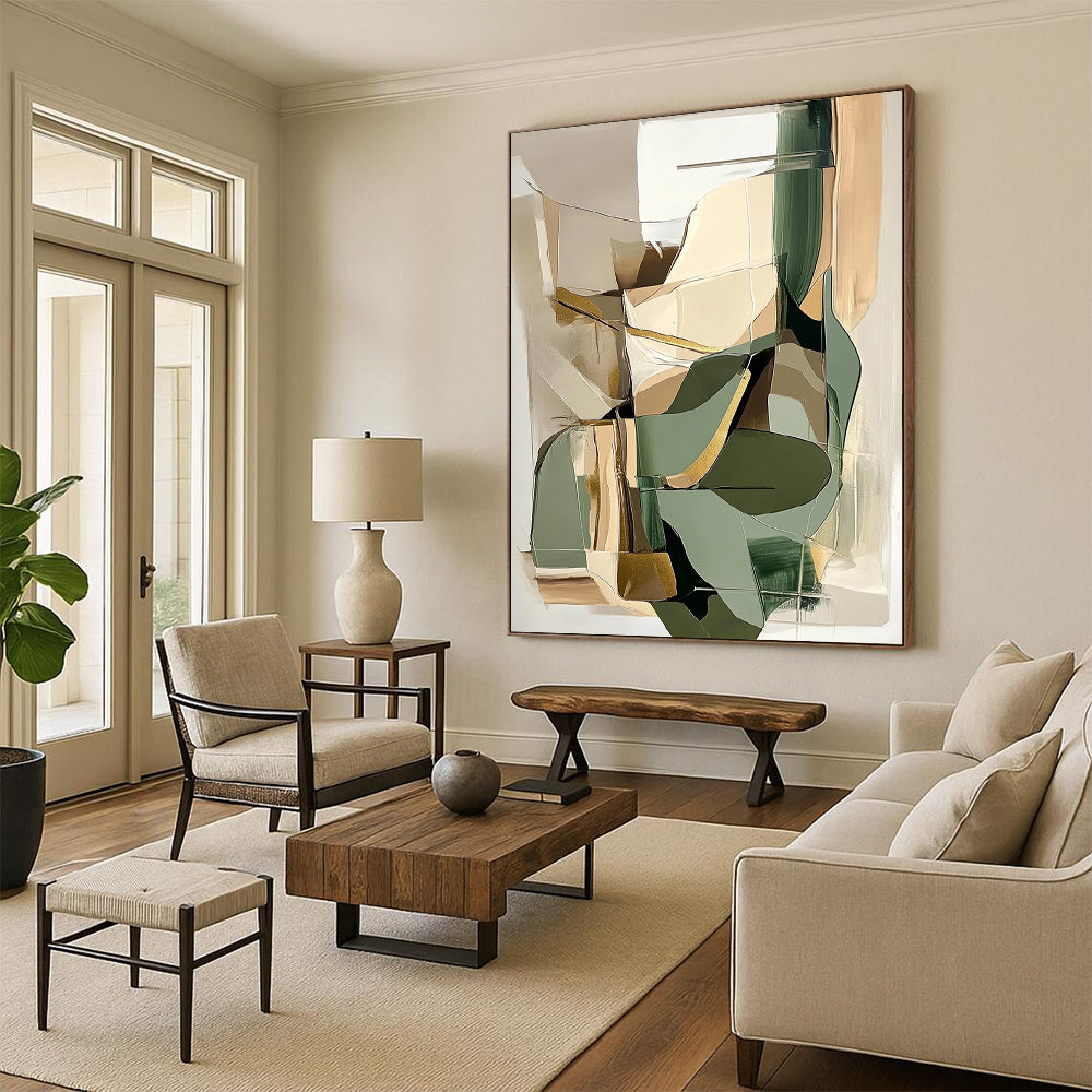 Contemporary hand-painted abstract artwork featuring beige and sage green shapes with gold accents perfect for modern interior design. DLZ0793