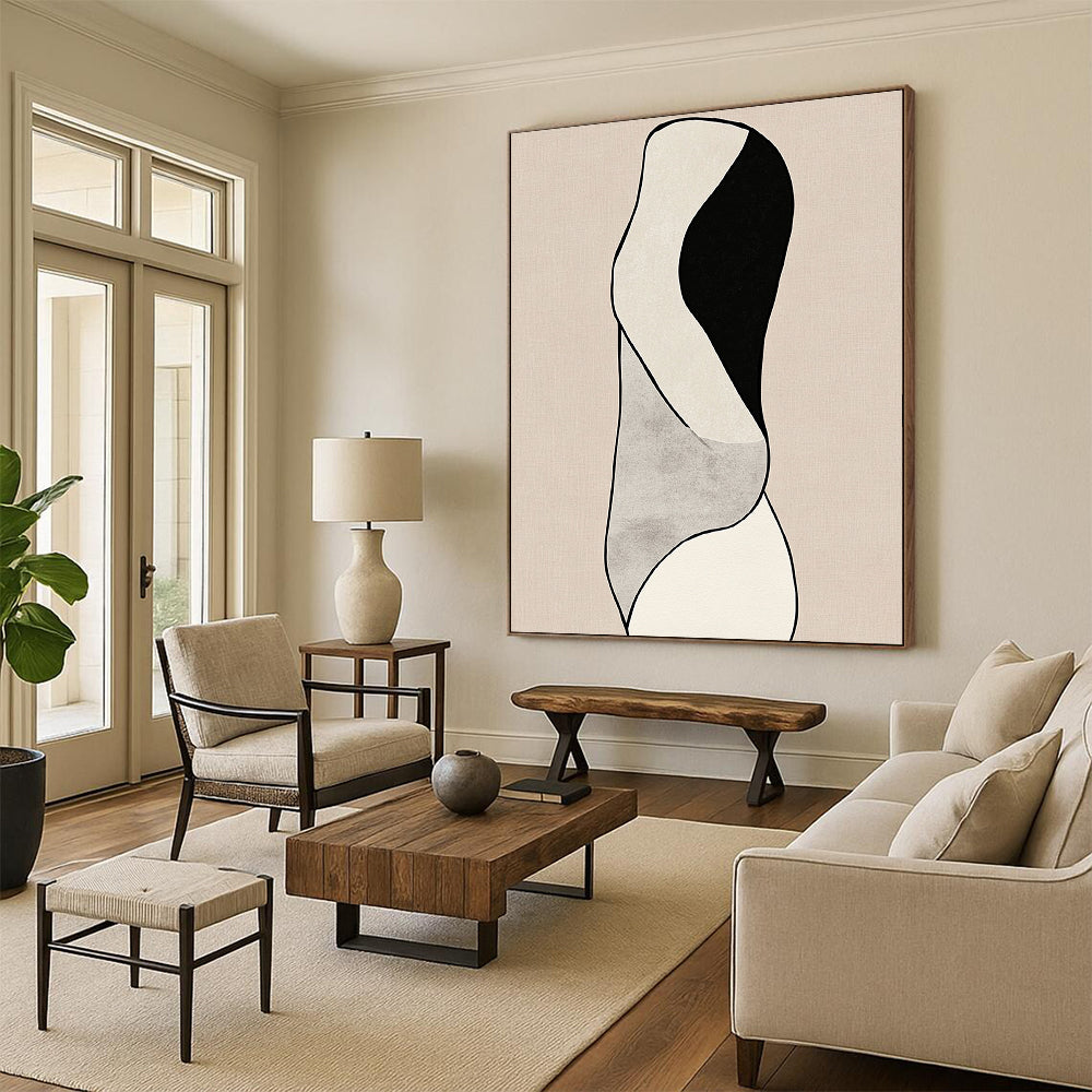 Contemporary hand-drawn abstract artwork featuring minimalist line art and woman's body curves against a black and white design on a beige background. DLZ1632
