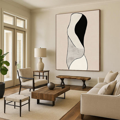 Contemporary hand-drawn abstract artwork featuring minimalist line art and woman's body curves against a black and white design on a beige background. DLZ1632
