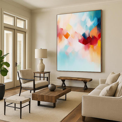 Contemporary abstract painting features soft pastel tones and a joyful blend of turquoise, red, orange, and cloud-like shapes to evoke freedom and nature. DLZ0441