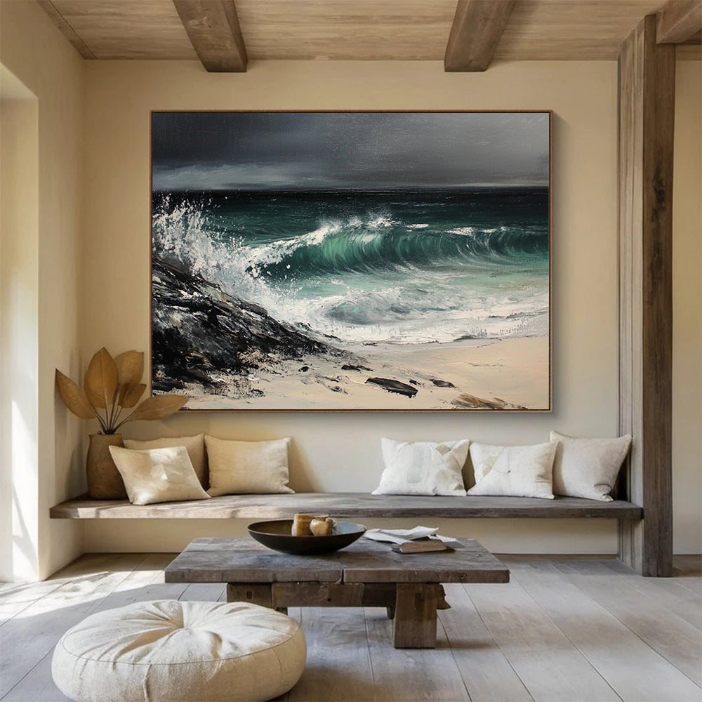 Black, Green, White and Beige Stormy Seaside "Tempest Tide" Painting On Canvas HB0669
