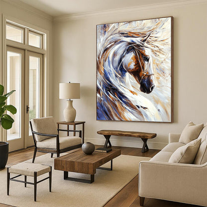 Contemporary abstract painting featuring a majestic white horse with flowing mane and dynamic brush strokes on a pristine background. DLZ1531