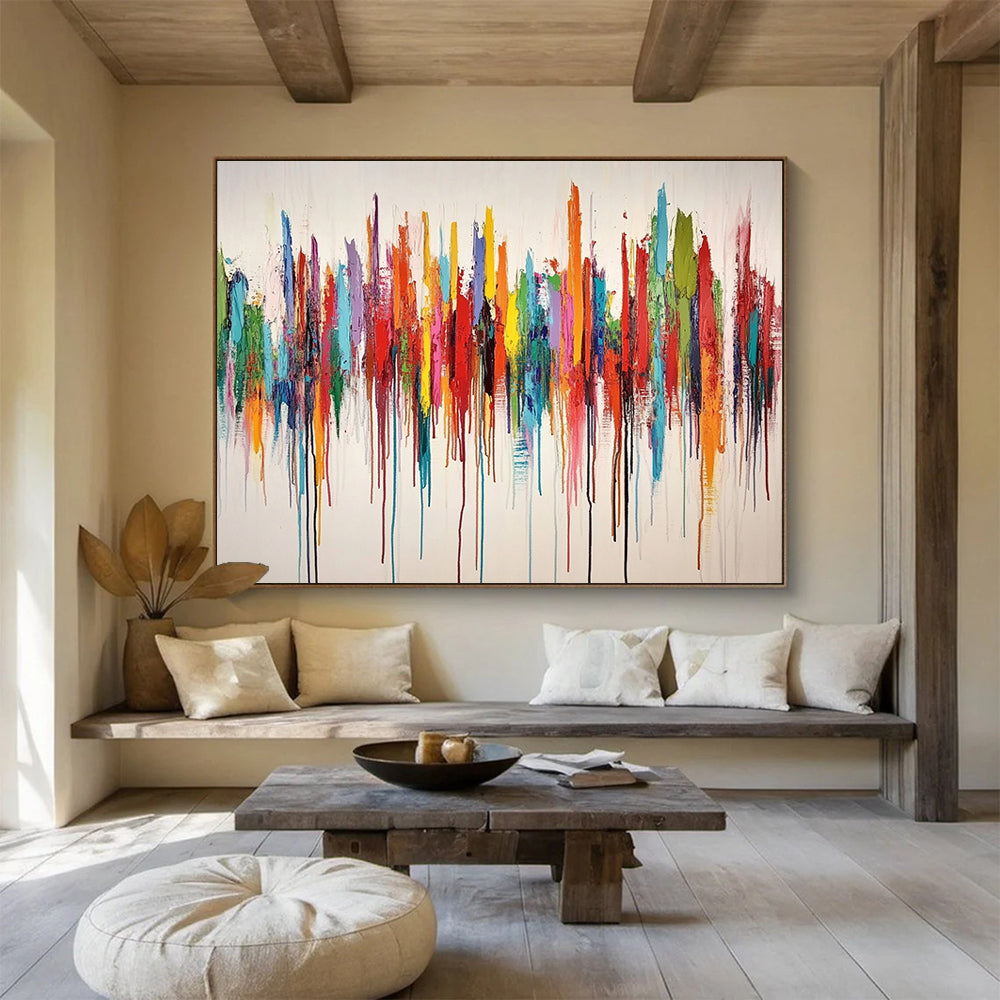 “Colorful Dripping Melody” - Rainbow hues; Vertical colorful drips on a white background; Drip - style Acrylic Painting On Canvas HB1197