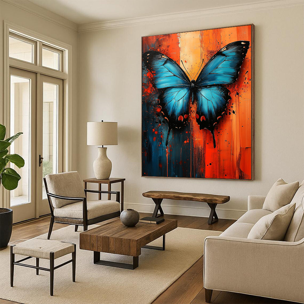 Contemporary abstract art features a blue butterfly on a vibrant red and orange textured background, capturing urban energy through dynamic oil paint strokes. DLZ1155