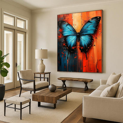 Contemporary abstract art features a blue butterfly on a vibrant red and orange textured background, capturing urban energy through dynamic oil paint strokes. DLZ1155