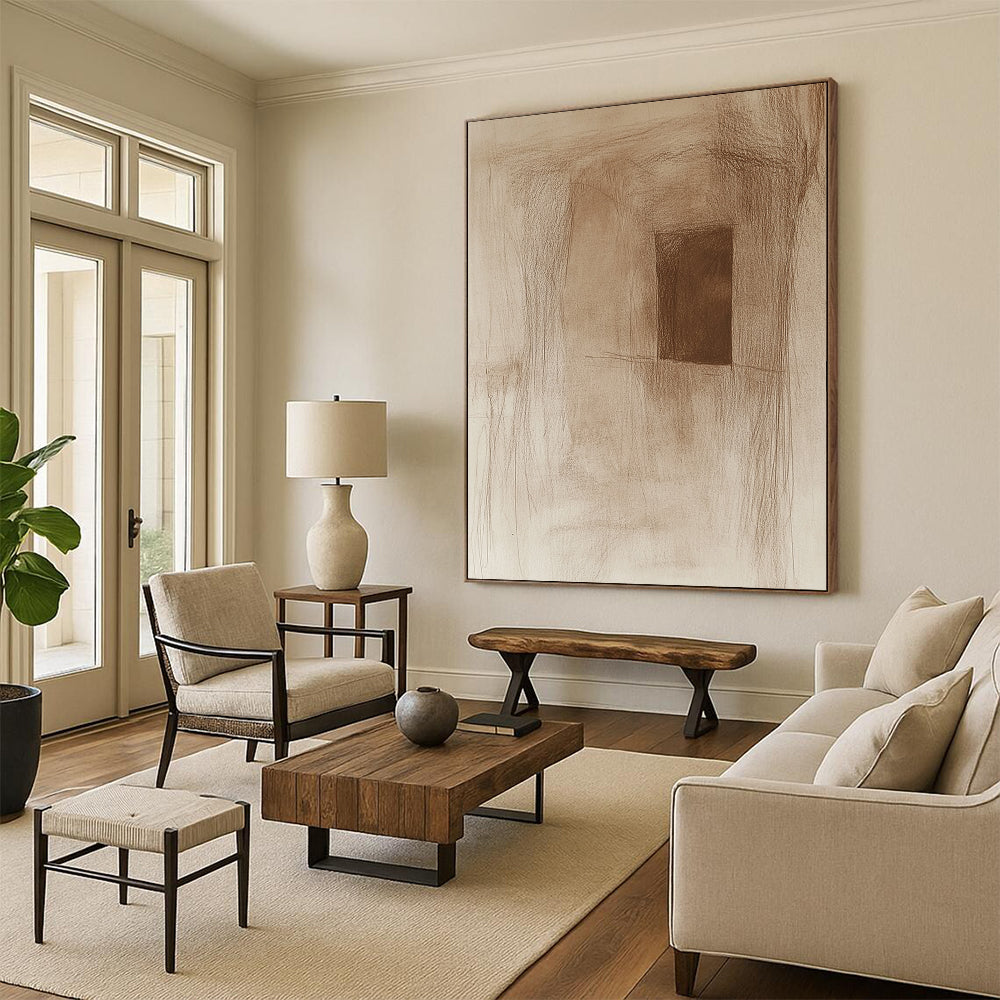 Contemporary abstract artwork features a rough pencil sketch of an ancient cave wall with a small window subtle sepia tones and simple lines. DLZ1452