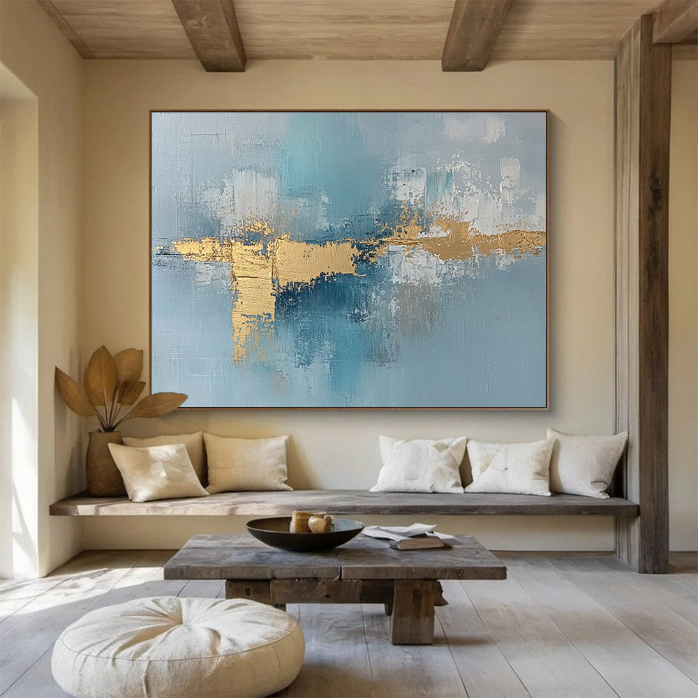 “Blue - Gold Abstract Stripes” - Blue, Gold, White with Textured Stripes - Abstract Acrylic HB1358