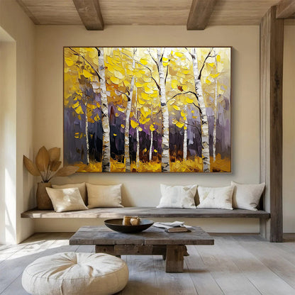 “Colorful Autumn Birch Forest” - Yellows, Purples, Browns, White, Birch Forest - Textured Oil Painting HB1583