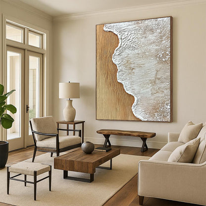Contemporary hand-painted abstract artwork featuring textured sand and wood with ocean wave edge in white, capturing the essence of sea foam. DLZ1206