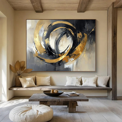 “Swirling Gold - Gray Circles” - Gold, Gray, Swirling Circles Painting On Canvas HB0793