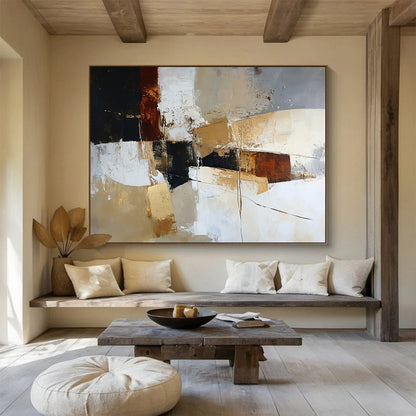 “Earthy Tone Abstract” - Black, Brown, Beige, Gold with Geometric Shapes - Painting On Canvas HB1391