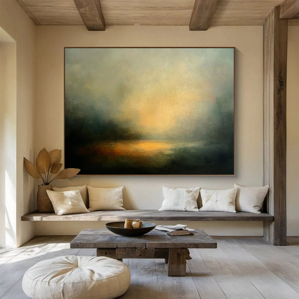 “Ethereal Lake at Sunset” - Greys, Oranges, Yellows, Foggy Sunset Lake - Abstract Oil Painting HB1571
