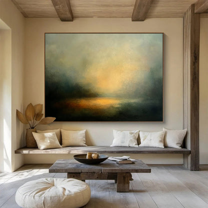 “Ethereal Lake at Sunset” - Greys, Oranges, Yellows, Foggy Sunset Lake - Abstract Oil Painting HB1571
