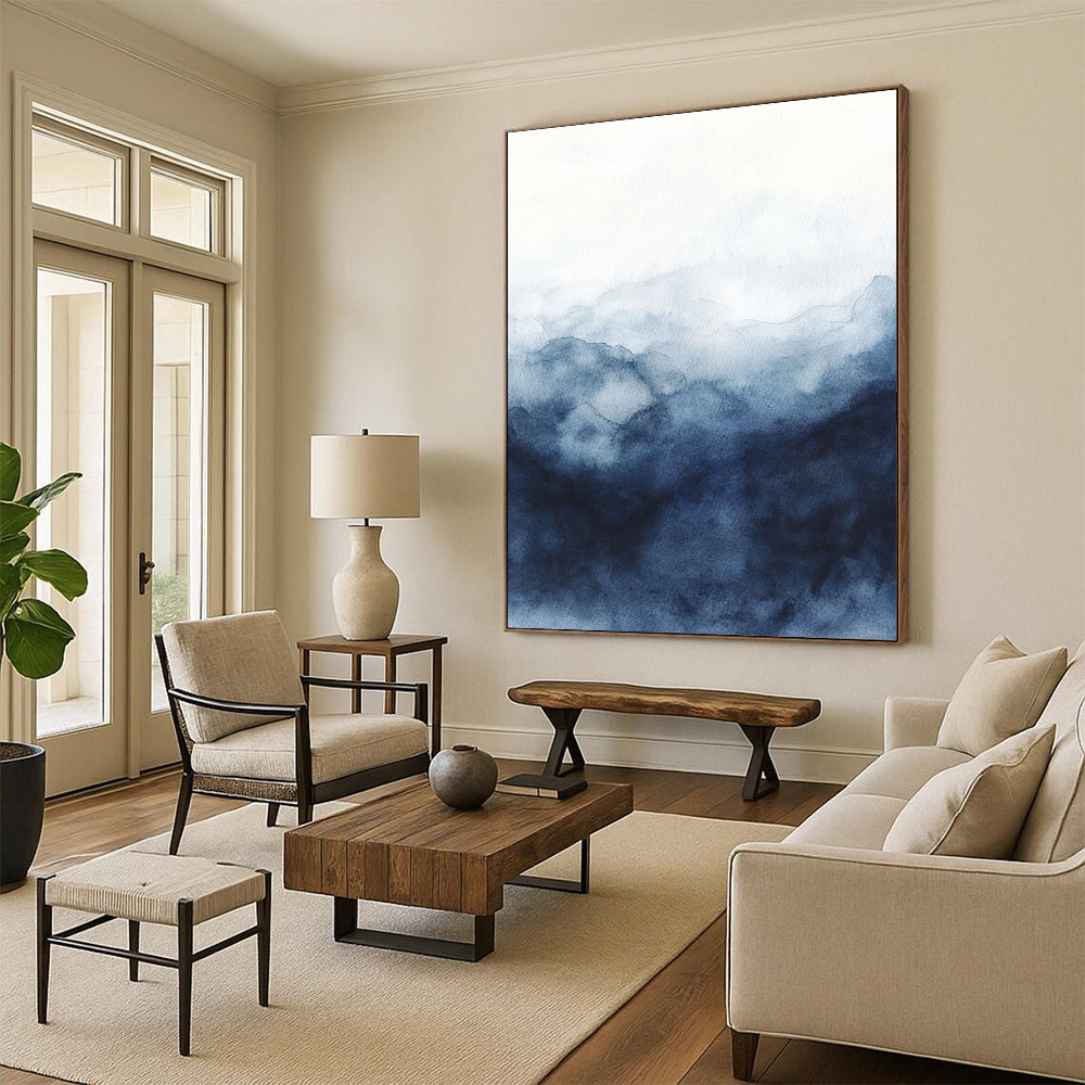 Contemporary abstract watercolor art featuring a stormy sky in dark blue and gray hues on a white background, evoking depth and mystery. DLZ0812