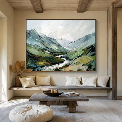 “Textured Mountain Valley” - Green, Blue, Gray, Layered Alpine Landscape Painting On Canvas HB1028