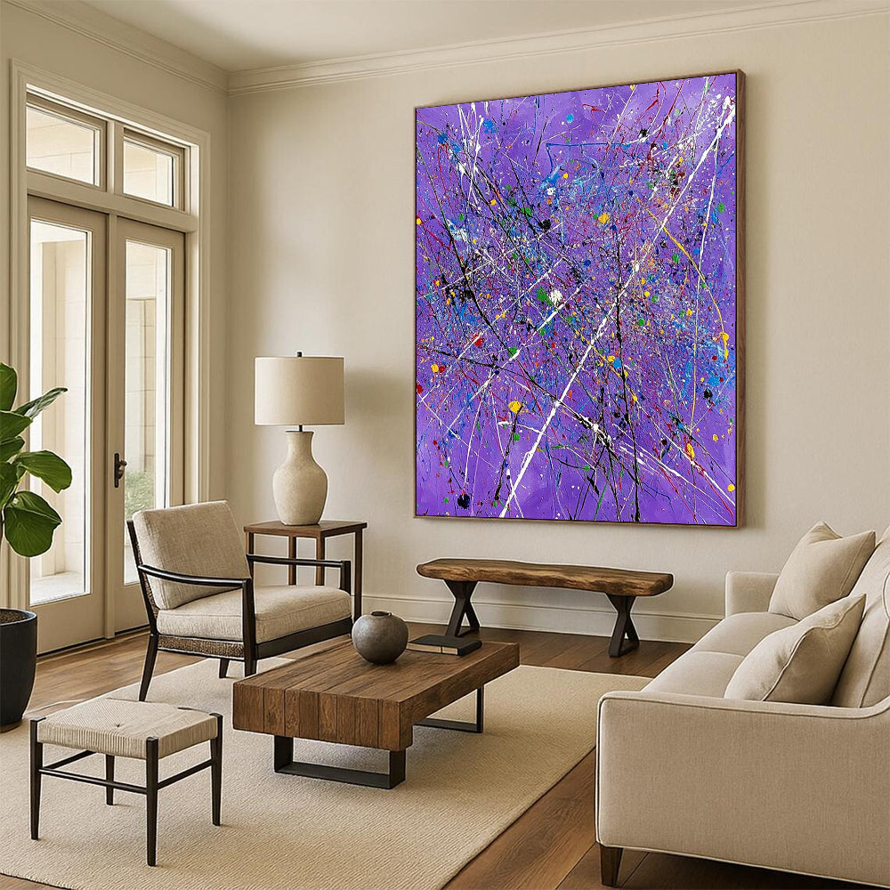 Contemporary abstract art features a vibrant purple backdrop with expressive white lines and colorful splatters, perfect for elevating any space. DLZ0720