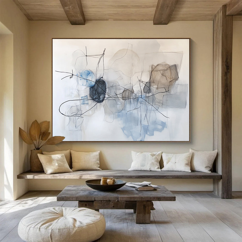 “Linear Abstract in Blue Gray” - Blue, Gray, Black with Dynamic Lines - Painting On Canvas HB1366