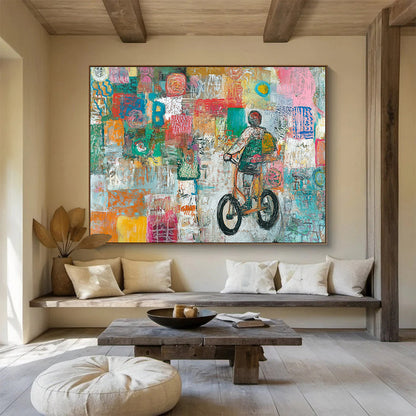 Colorful Mosaic Biker Journey – Mixed - Media Abstract Biker Scene Painting HB1469