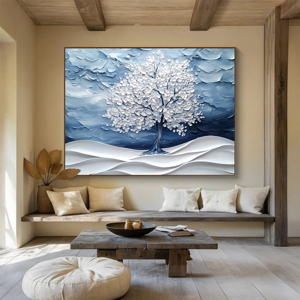 Blue and White Textured Tree "Winter Whisper" Painting On Canvas HB0423