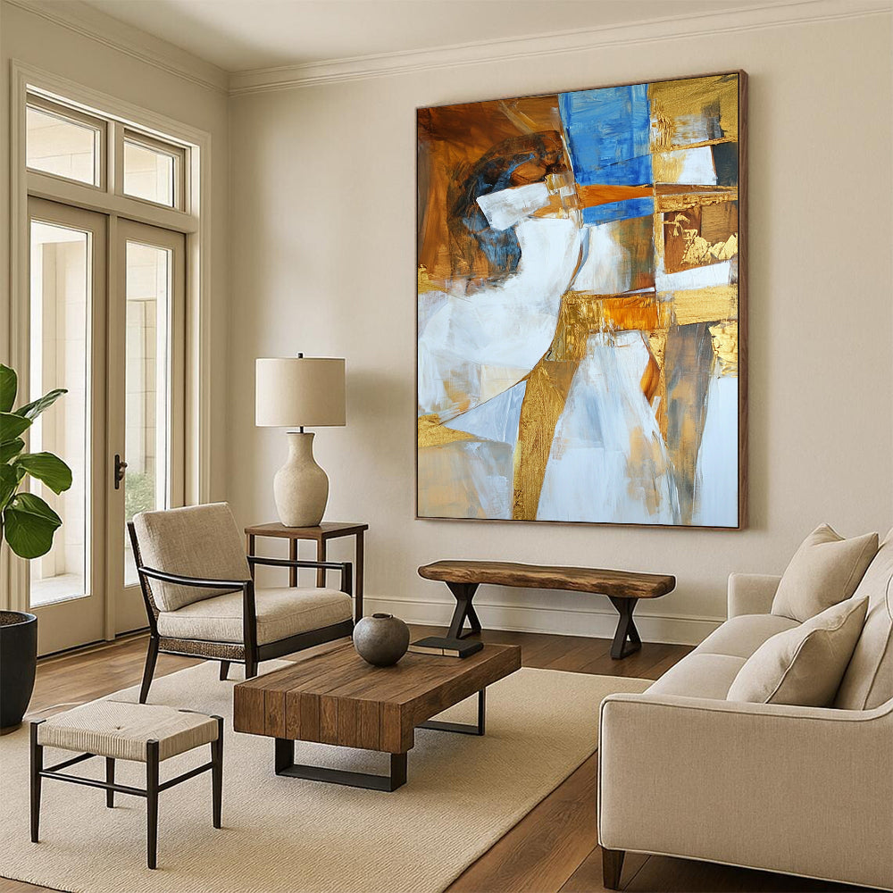 Contemporary abstract artwork featuring Apollo in white brown and blue with golden accents deconstructed in a unique artistic style. DLZ1001