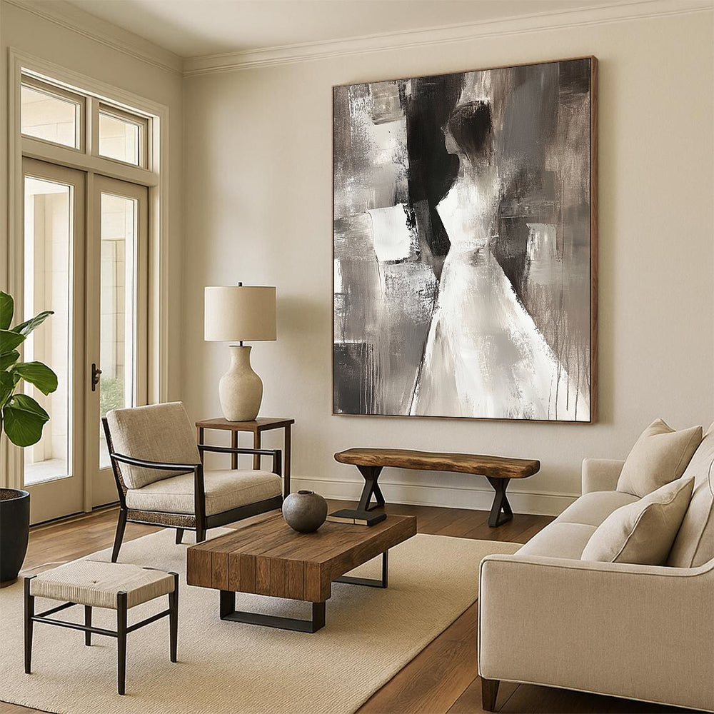 Contemporary abstract painting featuring a female figure in neutral tones, elegant brush strokes, and a mysterious atmosphere against a dark background. DLZ0668