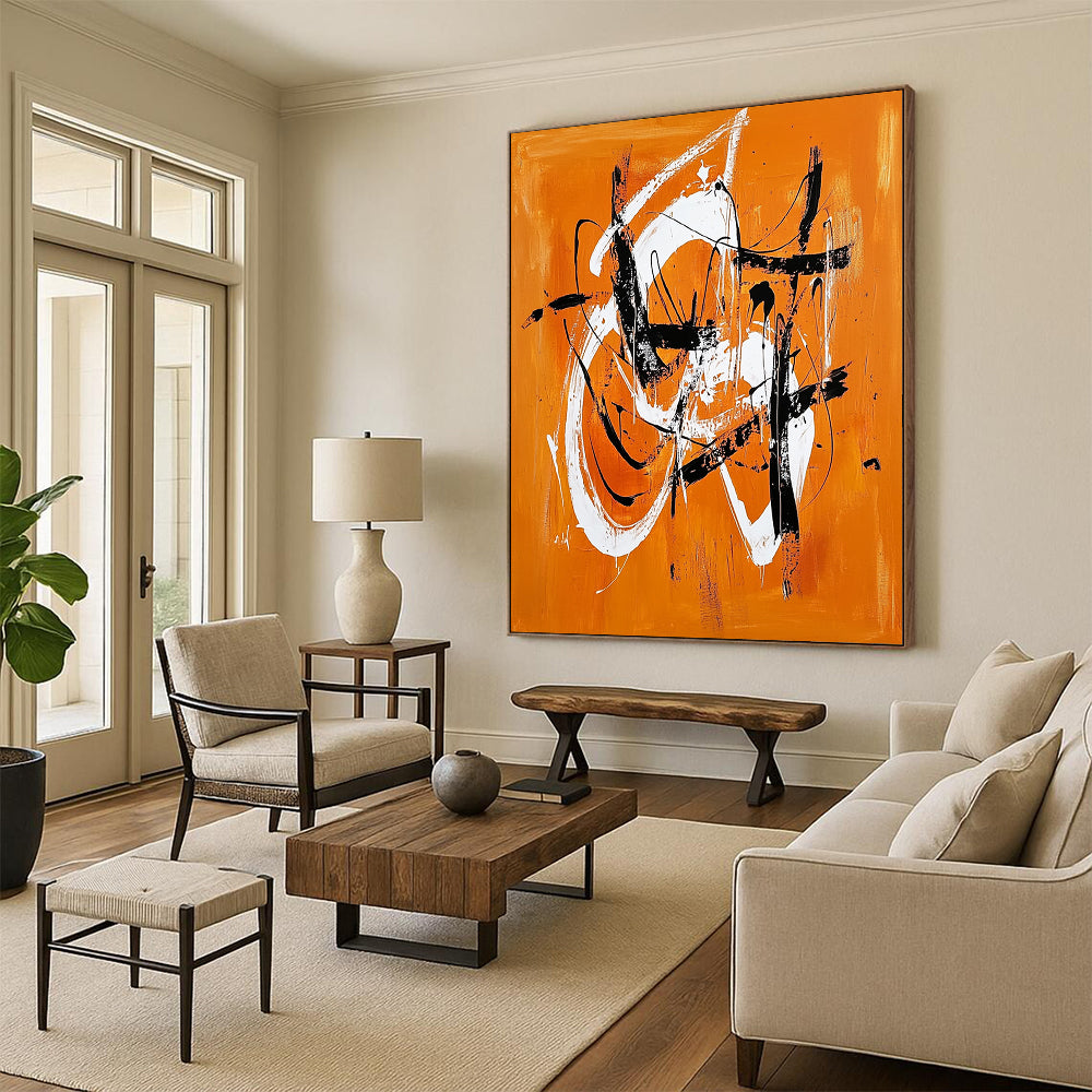 Contemporary hand-painted abstract artwork features vibrant orange and white shapes, dynamic lines, and energetic brushstrokes with striking black accents. DLZ0632