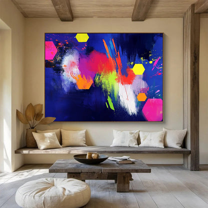 “Neon Colorful Hexagons on Blue” - Neon Palette, Hexagon Shapes on Blue Painting On Canvas HB0864