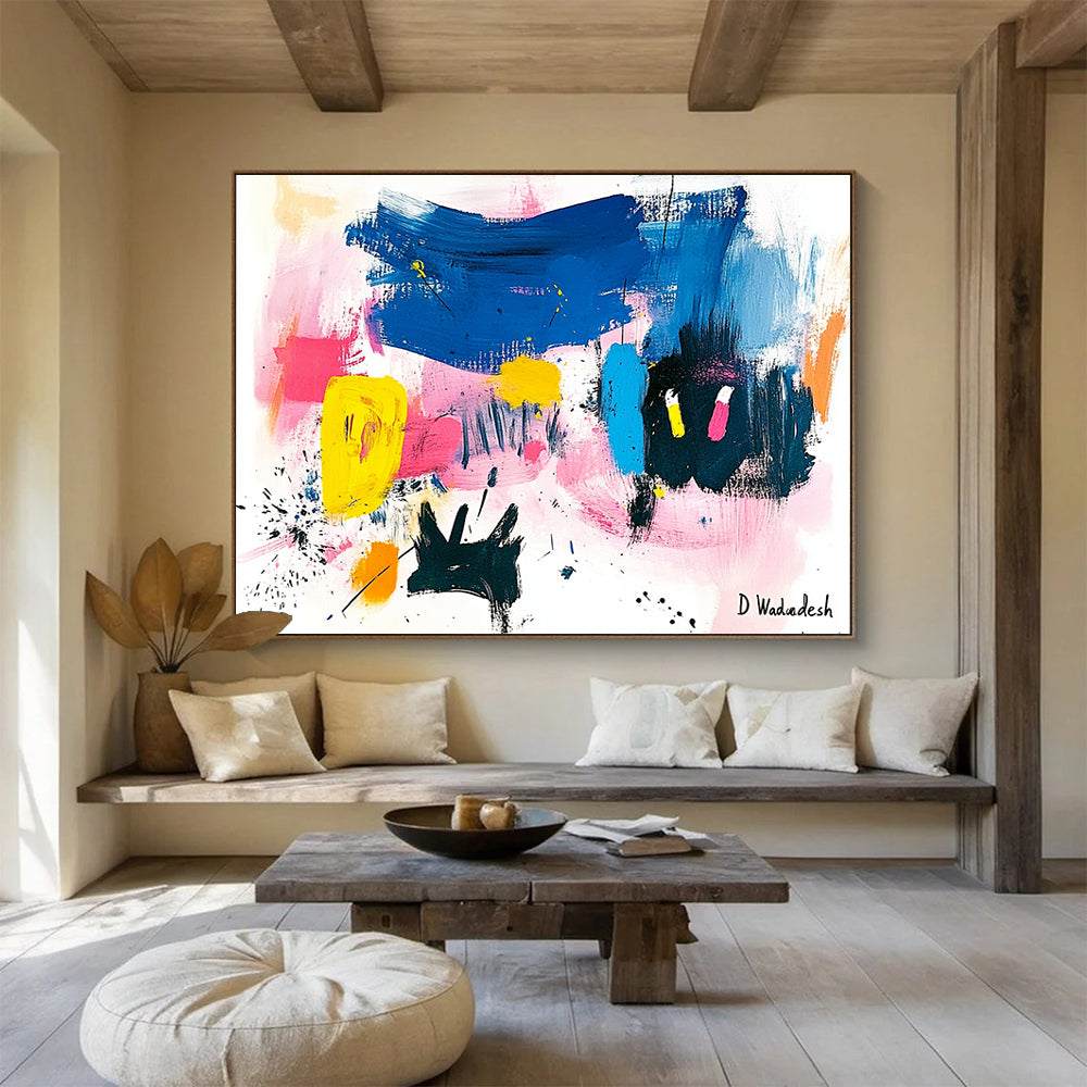 “Colorful Abstract with Black Silhouettes” - Colorful Palette, Black Shapes Painting On Canvas HB0873