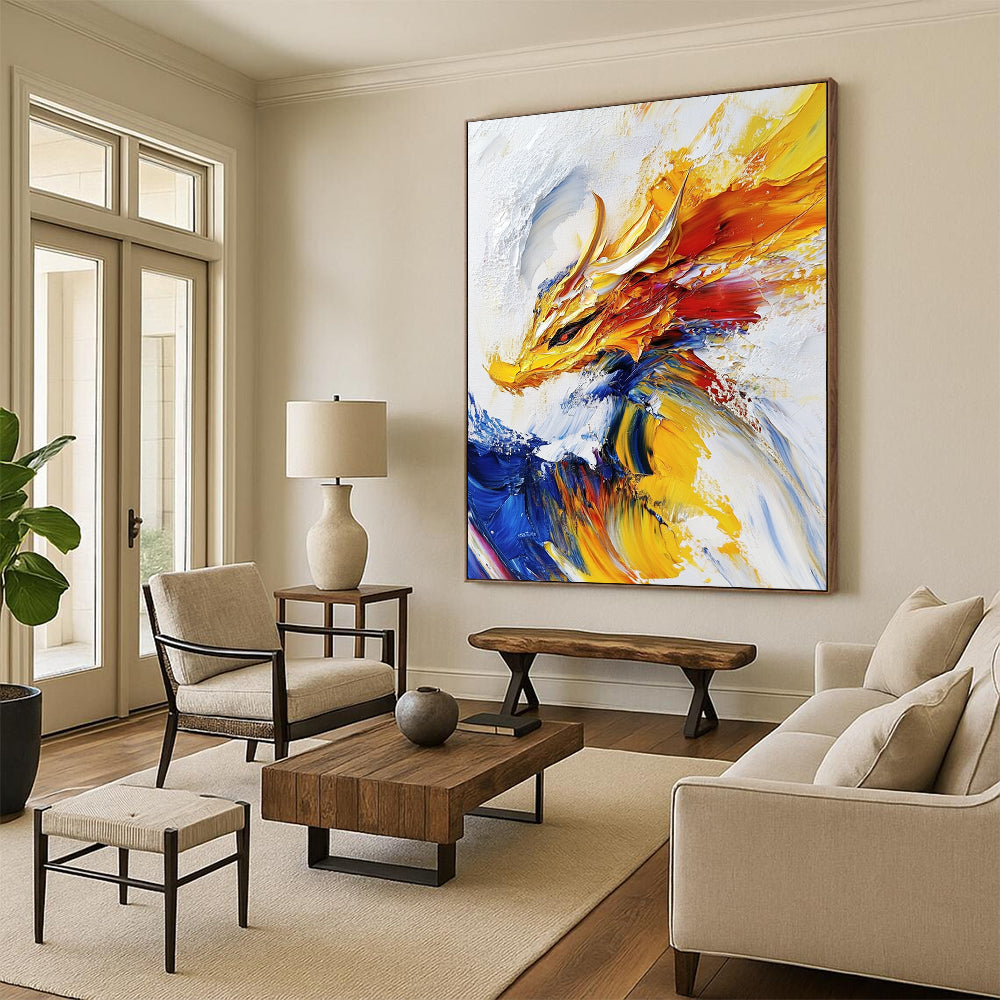 Contemporary abstract painting features an impasto technique with a powerful dragon soaring against a white background in vibrant yellows and blues. DLZ0525