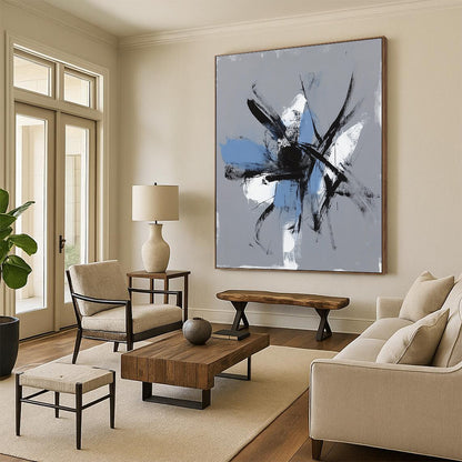 Contemporary hand-painted abstract art featuring expressive brush strokes and chaotic figures on a gray background with light blue accents. DLZ0305