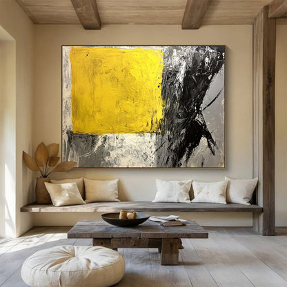 “Yellow - Black Abstract Blocks” - Yellow, Black, Gray - Painting On Canvas HB1409