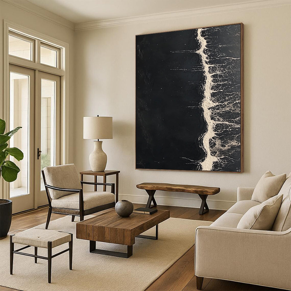 Vibrant contemporary abstract art featuring dark sea tones and striking white water lines, inspired by celebrated modern artists. DLZ0843