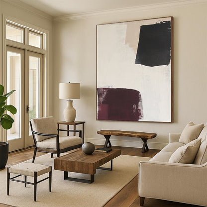 Contemporary hand-painted abstract art featuring large white burgundy and black shapes with soft neutral backgrounds and delicate fabric accents. DLZ1332