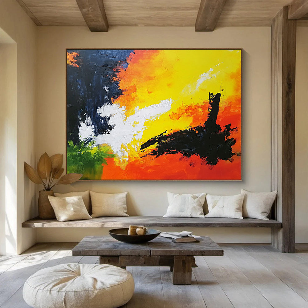 “Fiery Abstract Sky” - Yellow, Orange, Black, Green, Abstract Dramatic Sky Painting On Canvas HB1090