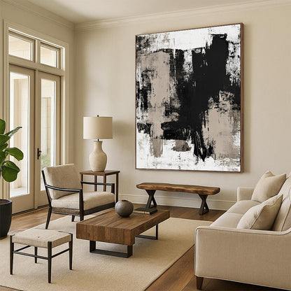 Contemporary hand-painted abstract art featuring beige tones on a white background with dark gray accents, adding elegance to any space. DLZ0294