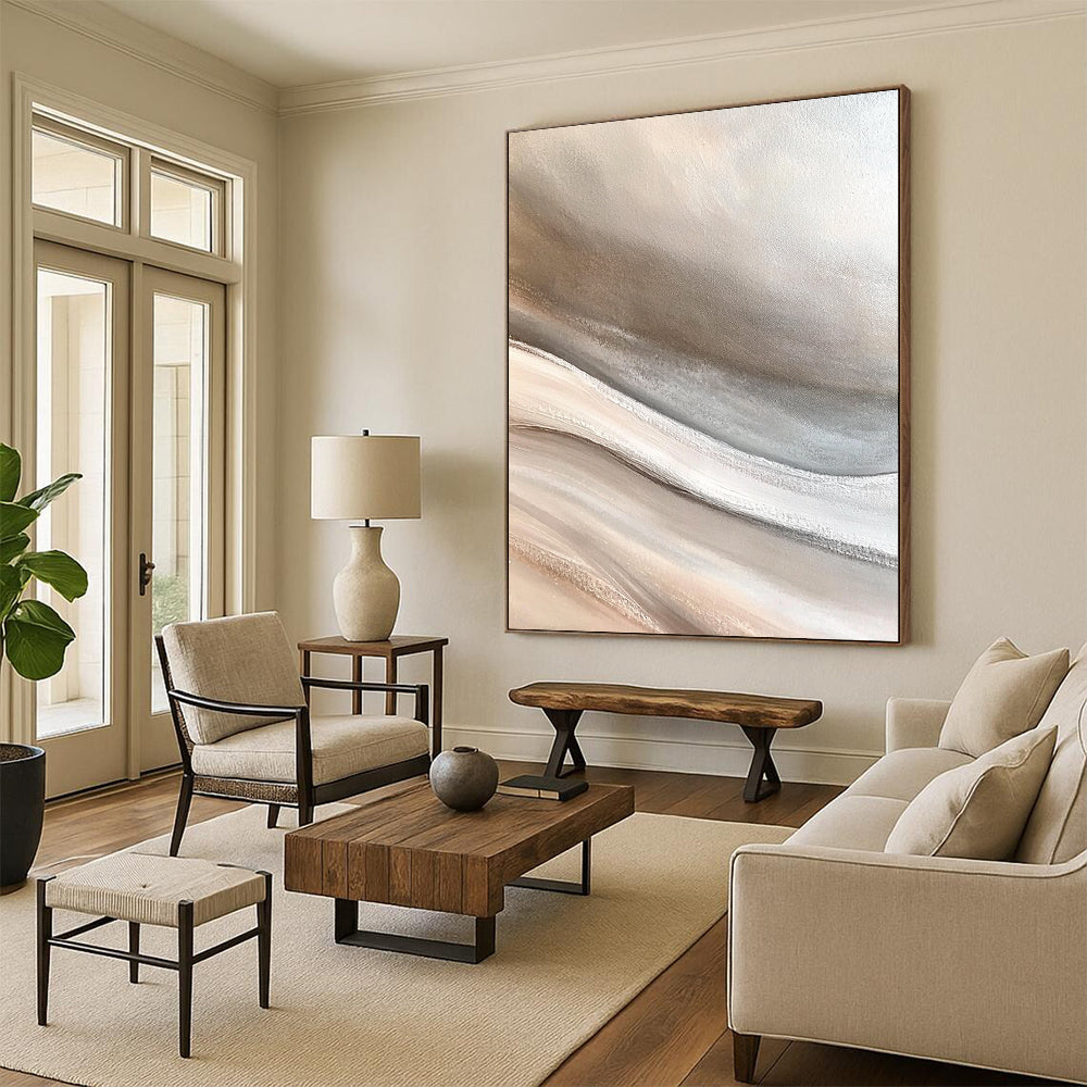 Contemporary large hand-painted abstract art capturing the desert with soft sand dunes in neutral gray beige and white tones for a calming zen atmosphere DLZ0650