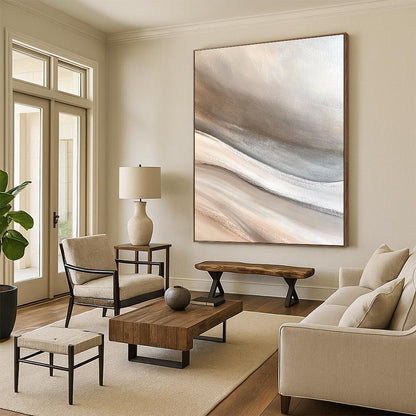 Contemporary large hand-painted abstract art capturing the desert with soft sand dunes in neutral gray beige and white tones for a calming zen atmosphere DLZ0650