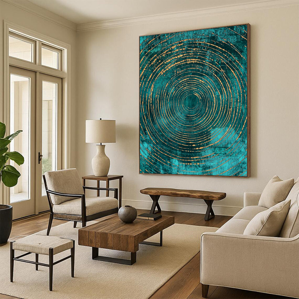Contemporary art features abstract pattern with teal and gold concentric circles on a dark turquoise background, adding elegance to any space. DLZ1483