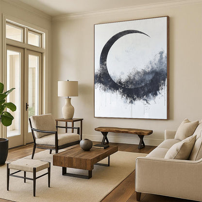 Black, White, Gray, Textured Crescent "Midnight Moon" Abstract Expressionist Painting On Canvas HB092