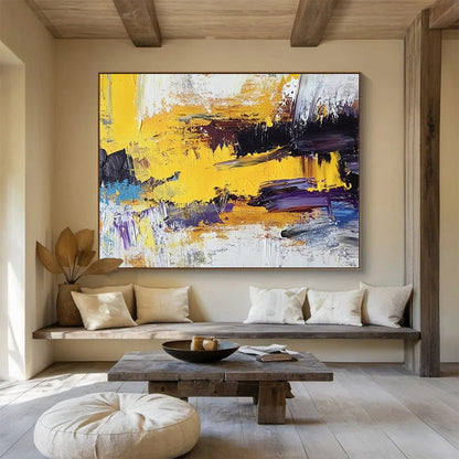 Yellow, Purple, Blue and White Abstract Splashes "Vibrant Energy" Painting On Canvas HB0406