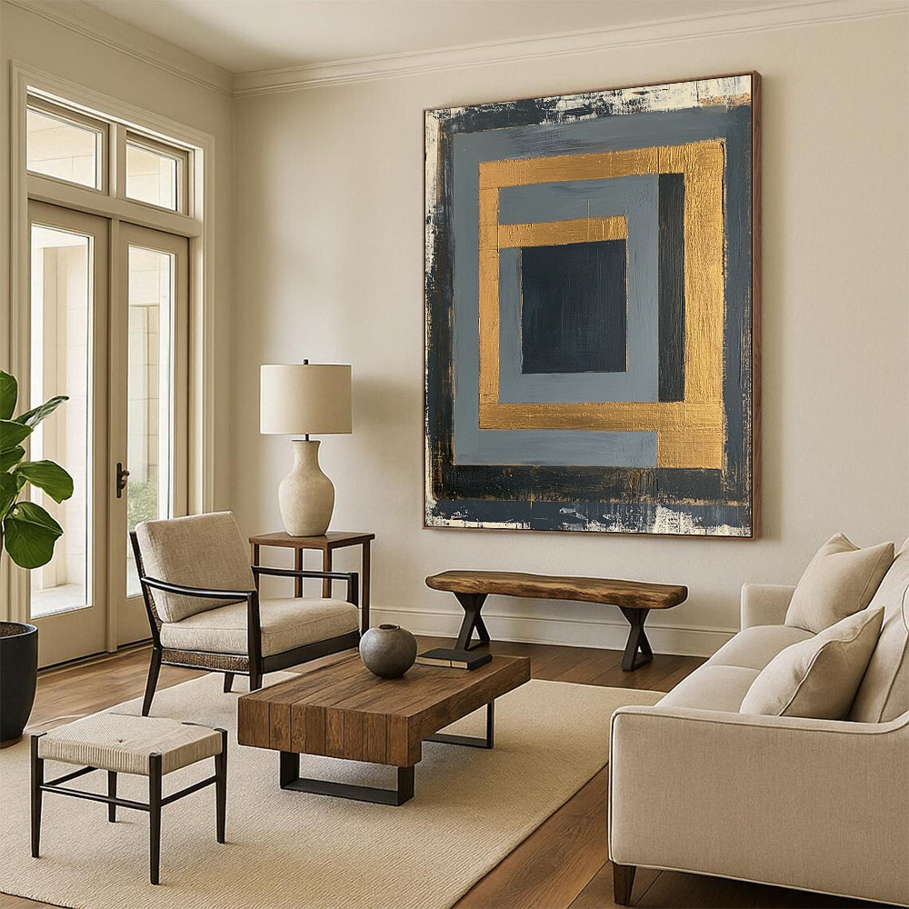 Gray, Black, Gold and White Geometric Frames "Framed Mystery" Painting On Canvas HB349