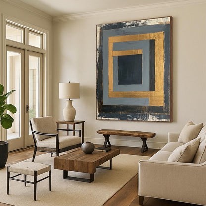 Gray, Black, Gold and White Geometric Frames "Framed Mystery" Painting On Canvas HB349