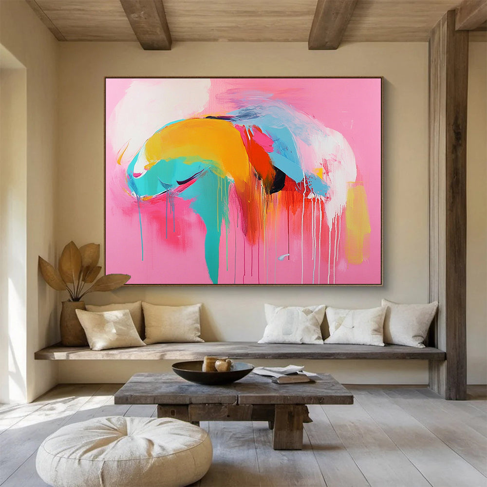 “Colorful Abstract Figure on Pink” - Pink, blue, yellow, orange, red; Abstract figure with colorful drips; Acrylic Painting On Canvas HB1220