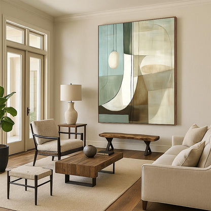 Contemporary large hand-painted abstract art featuring white and beige shapes with glass, reflections, and muted colors inspired by Robert Motherwell. DLZ1602