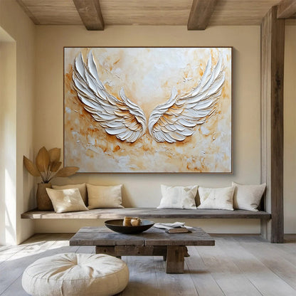 “3D White Angel Wings” - White, Beige, Textured 3D Wings Painting On Canvas HB0781