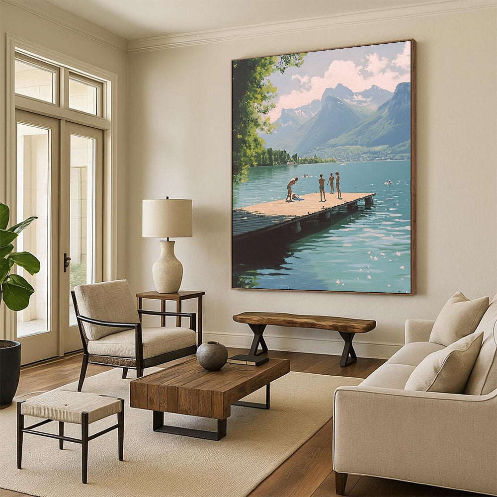 Contemporary abstract painting featuring swimmers on a dock at Lake Annecy with mountains in the background in a nostalgic 1970s vintage style. DLZ1108