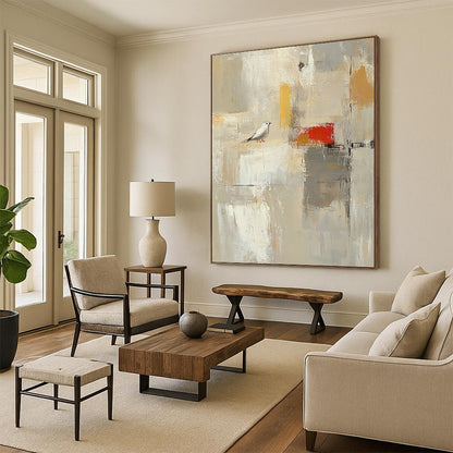 Contemporary hand-painted abstract artwork featuring large white spaces, textured brush strokes, and neutral colors highlighted with red and yellow accents. DLZ0920