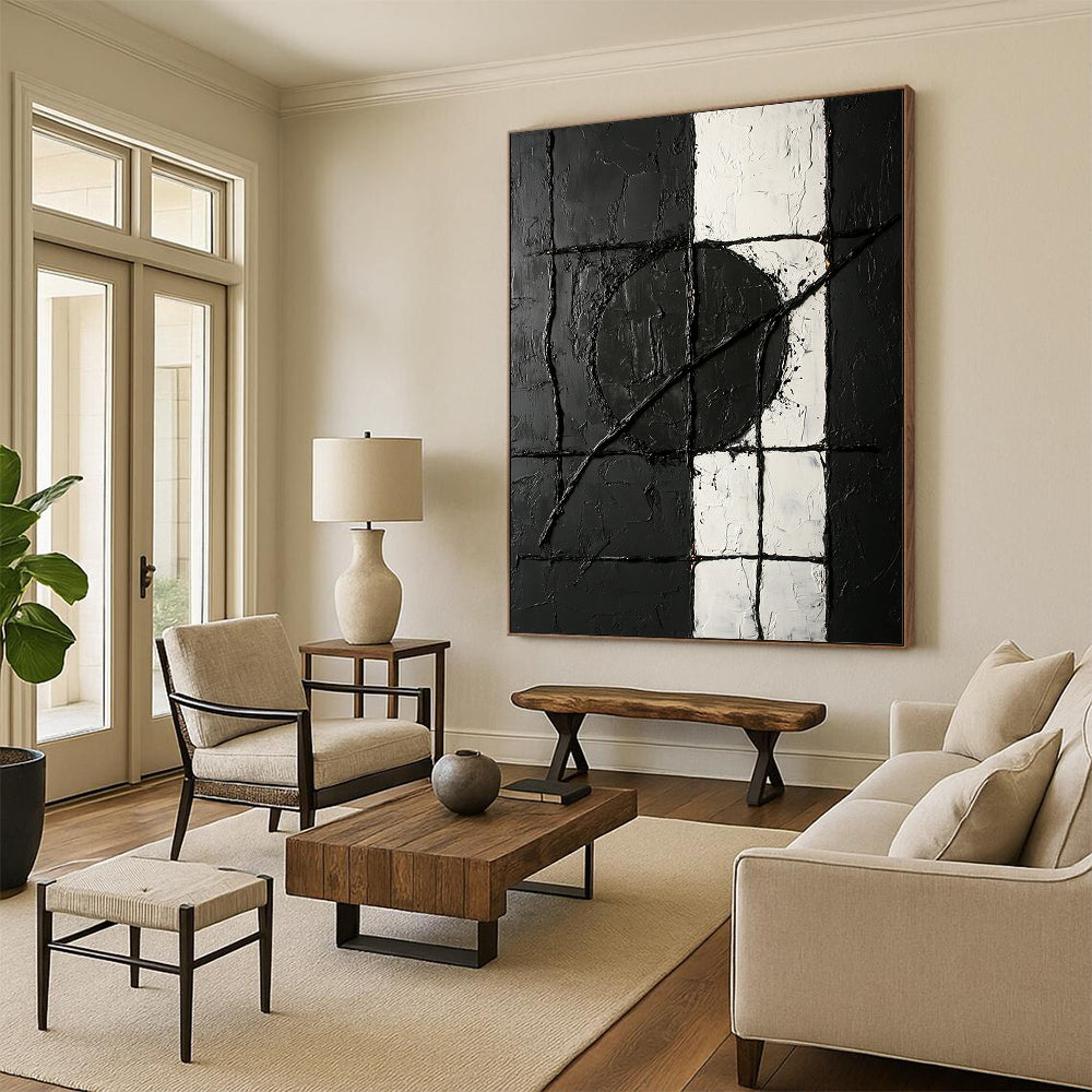 Black, White, Textured Grid "Monochrome Maze" Abstract Minimalist Painting On Canvas HB074