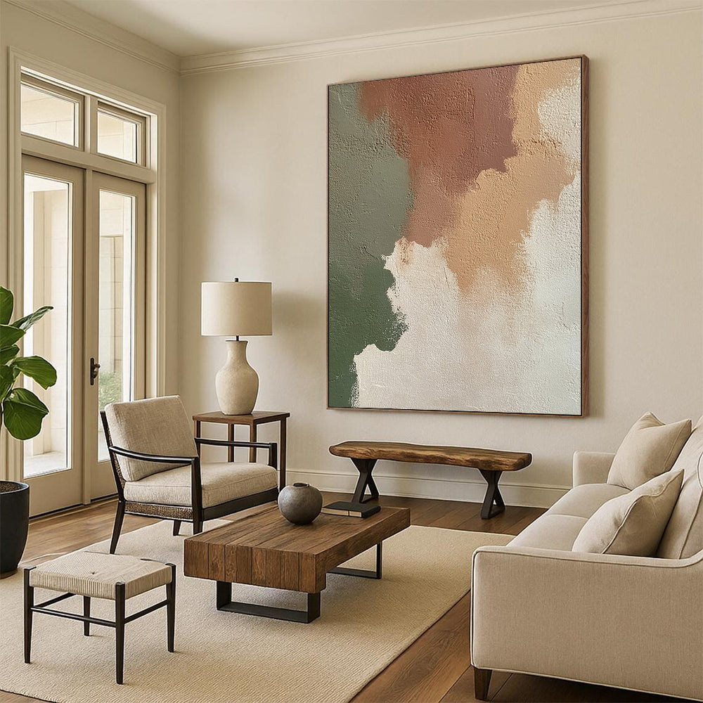 Contemporary abstract artwork featuring an irregular blend of beige, brown, and green on an off-white wall, perfect for modern decor. DLZ1197